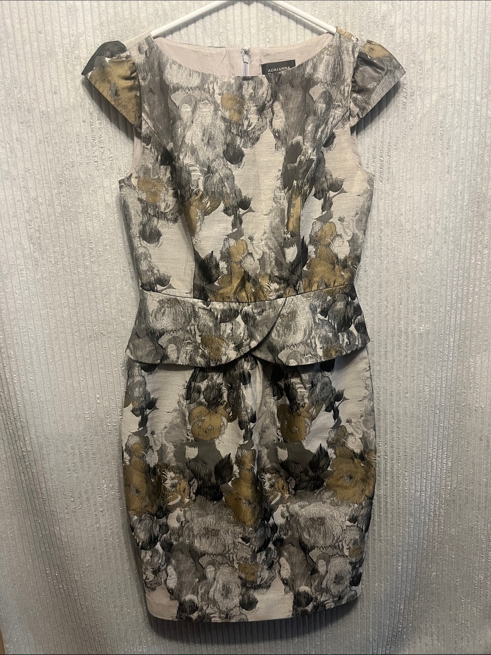 Adrianna Papell Metallic Gold and Gray Floral Peplum Sheath Dress 4